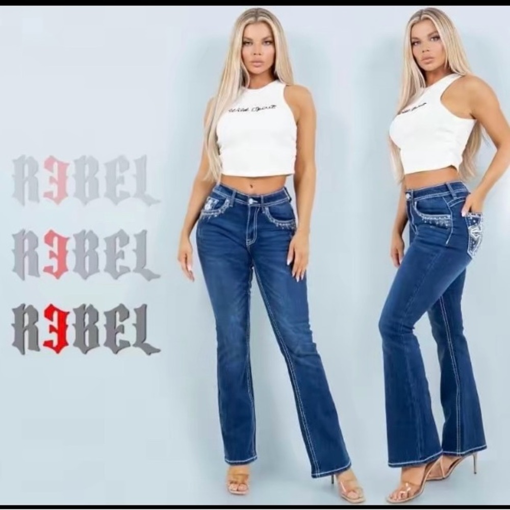 New Rebel Cross Embroided Boot Cut Jeans